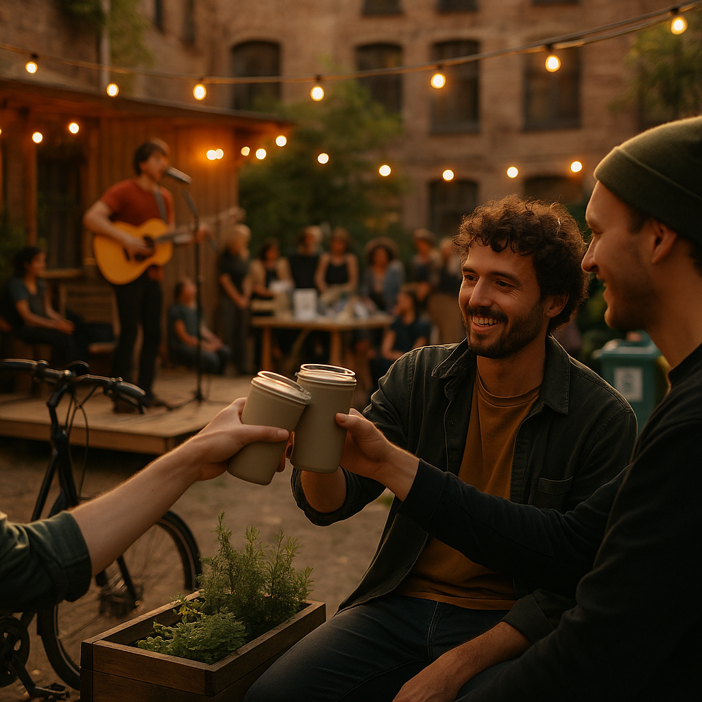 Leipziger Hofkonzert mit Singer-Songwriter, Begegnungen, Mehrwegbecher, kreative Upcycling-Stände, nachhaltige Abendstim